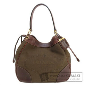 Prada Logo Jacquard Shoulder Bag Canvas Leather